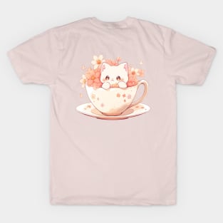 Cute Cat in a Teacup with Flowers T-Shirt